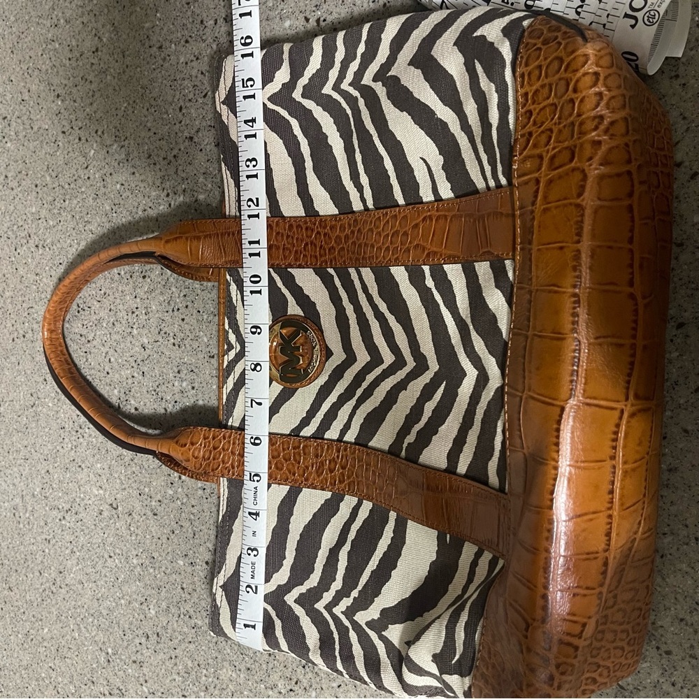 Michael Kors Zebra Print Canvas and Croc Trim Leather Tote Shoulder Handbag - Picture 14 of 16